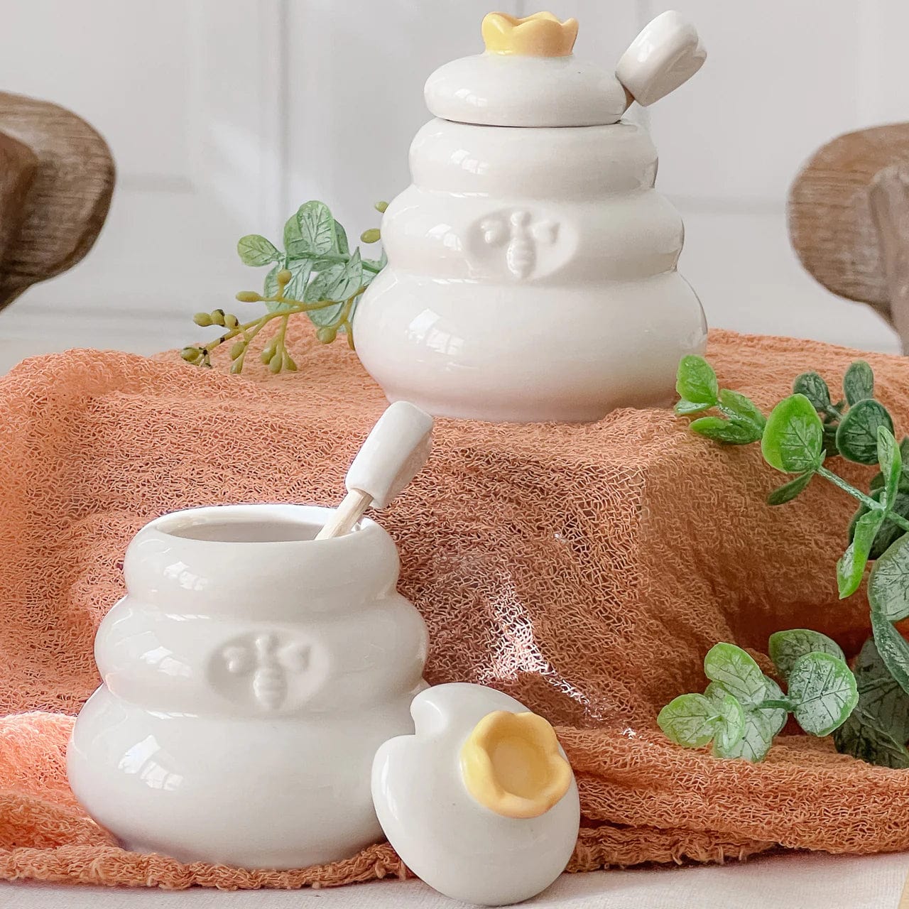 Kate Aspen - Bee Hive Ceramic Mini Honey Jar and Dipper Set - Set of 2 - ModernTribe