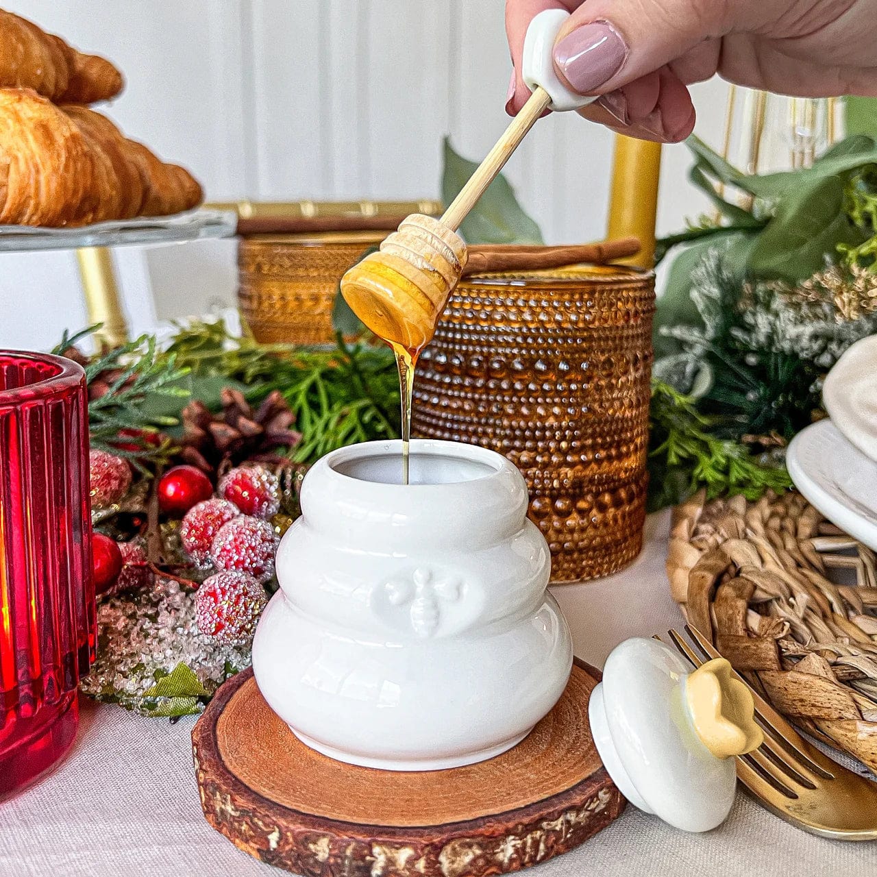Kate Aspen - Bee Hive Ceramic Mini Honey Jar and Dipper Set - Set of 2 - ModernTribe