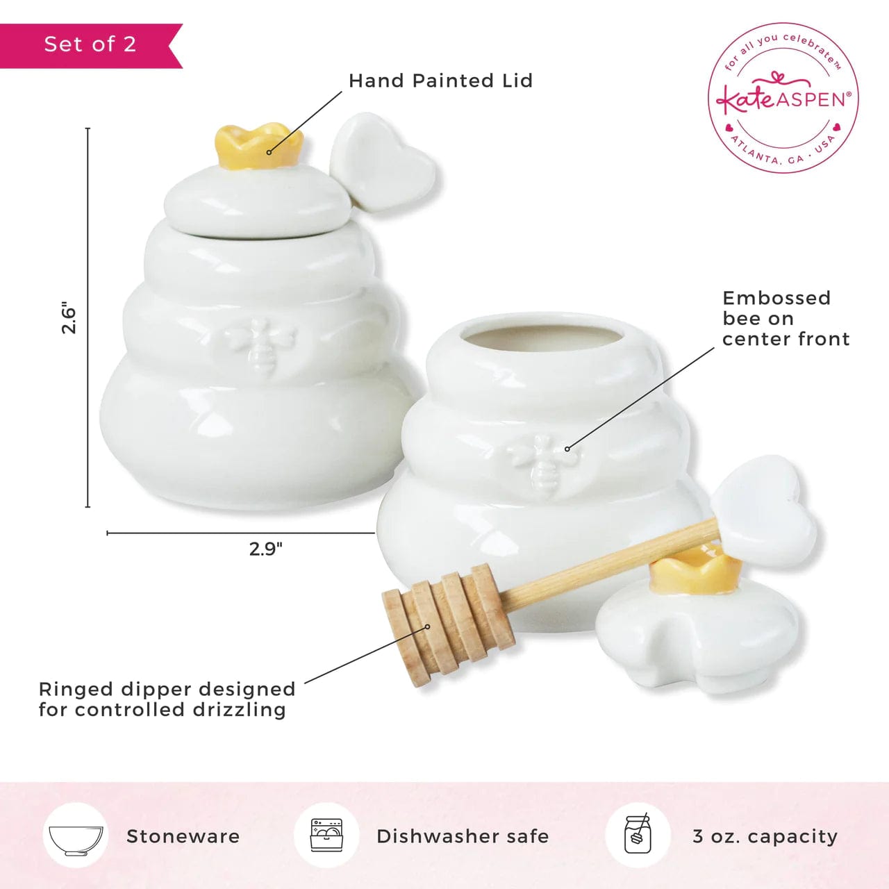 Kate Aspen - Bee Hive Ceramic Mini Honey Jar and Dipper Set - Set of 2 - ModernTribe