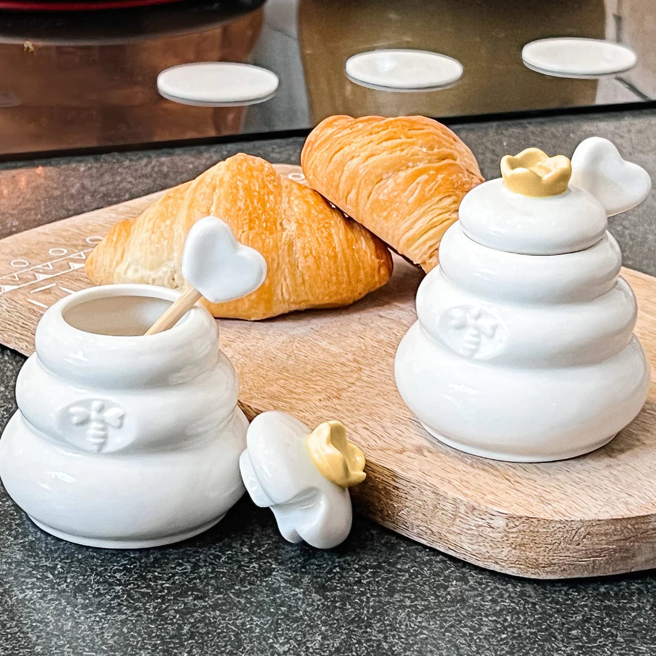 Kate Aspen - Bee Hive Ceramic Mini Honey Jar and Dipper Set - Set of 2 - ModernTribe