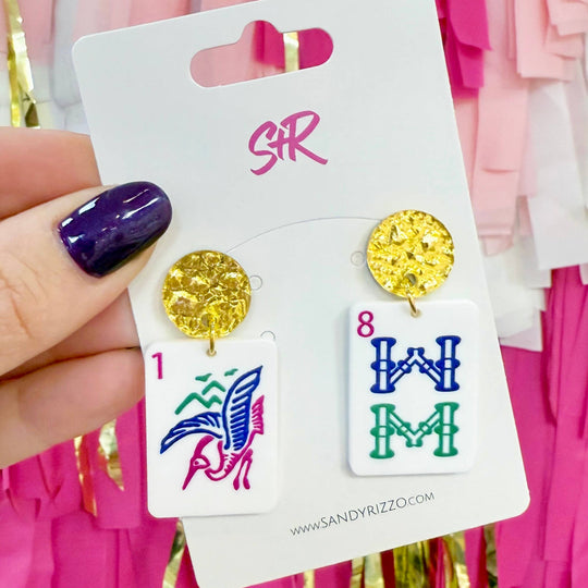 Bam Bird Jewel Tone Mahjong Dangle Earrings