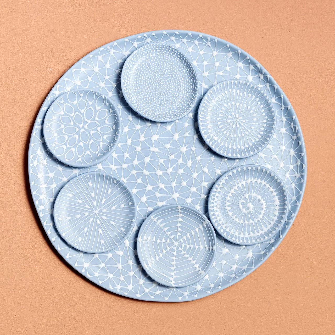 Maiyan Ben Yona - Sky Blue with White Patterns Seder Plate Set by Maiyan Ben Yona - ModernTribe