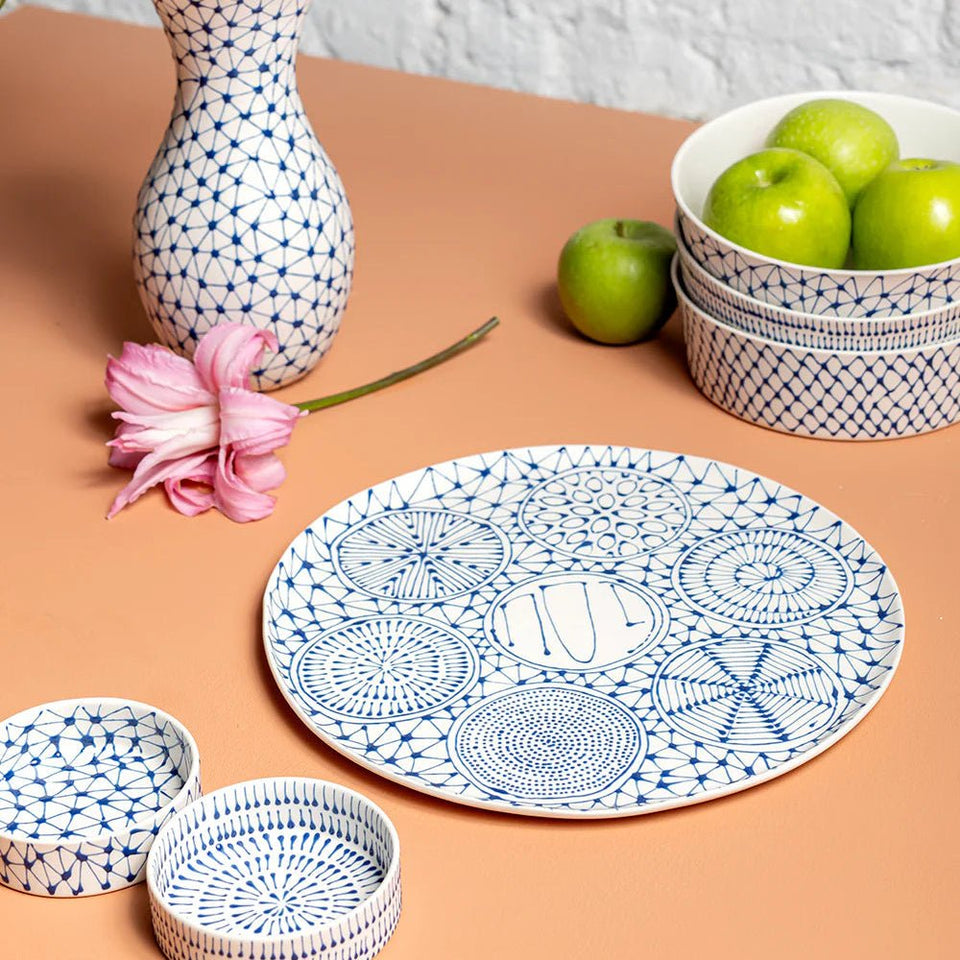 Maiyan Ben Yona - White with Blue Patterns Seder Dish by Maiyan Ben Yona - ModernTribe