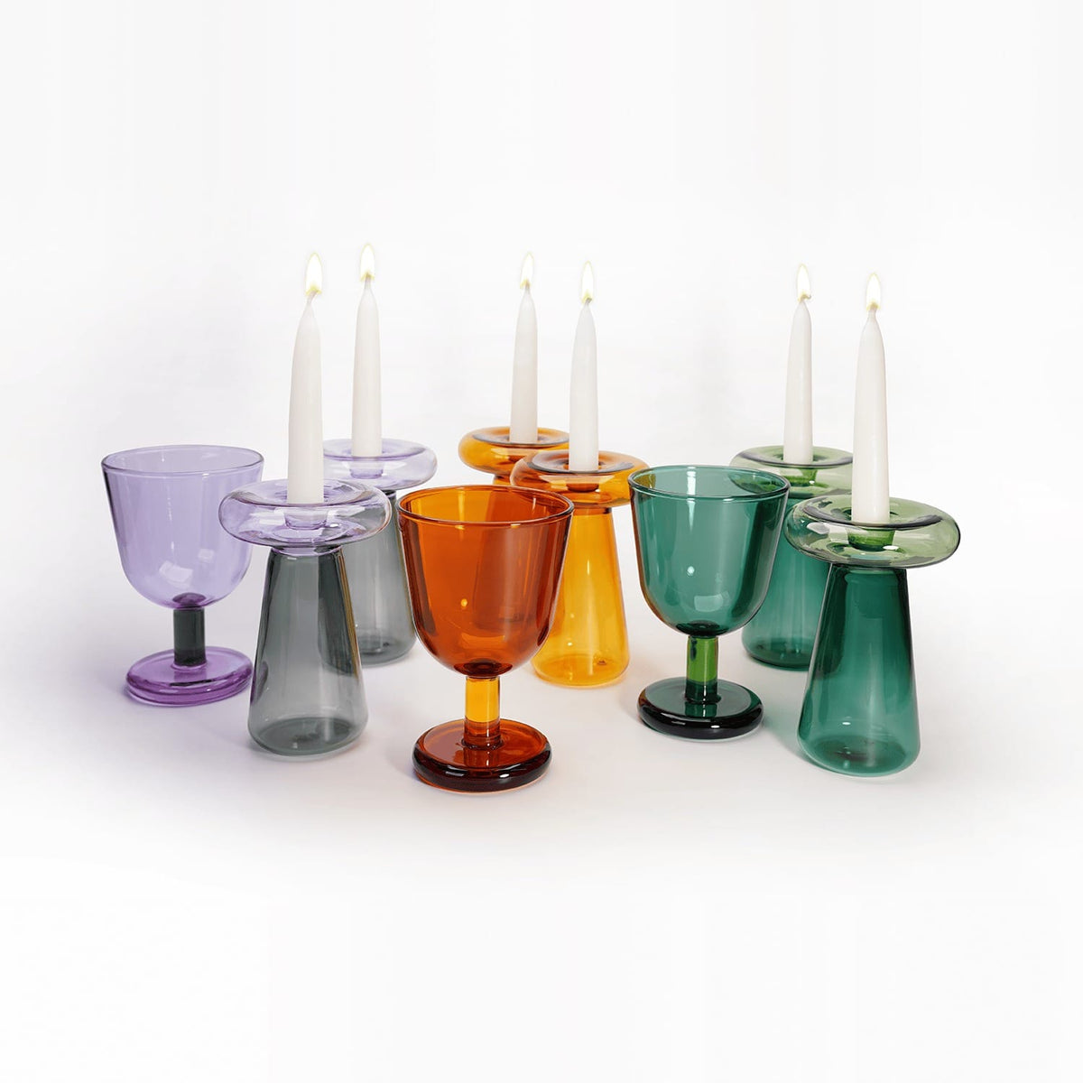 Tchotchke Judaica Candlesticks Glass Shabbat Set with Mushroom Candlesticks & Buttercup Kiddush Cup (Choice of Colors)