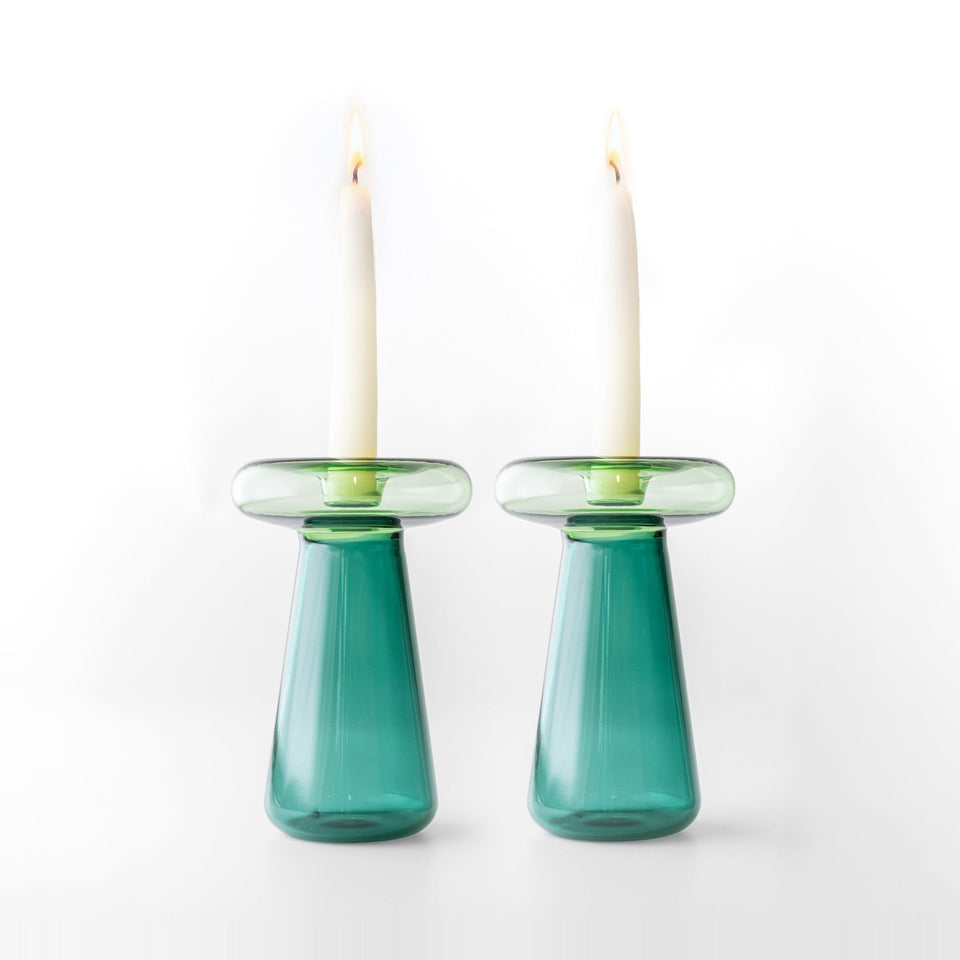 Tchotchke Judaica Candlesticks Emerald/Grass Glass Mushroom Candlesticks (Choice of Colors)