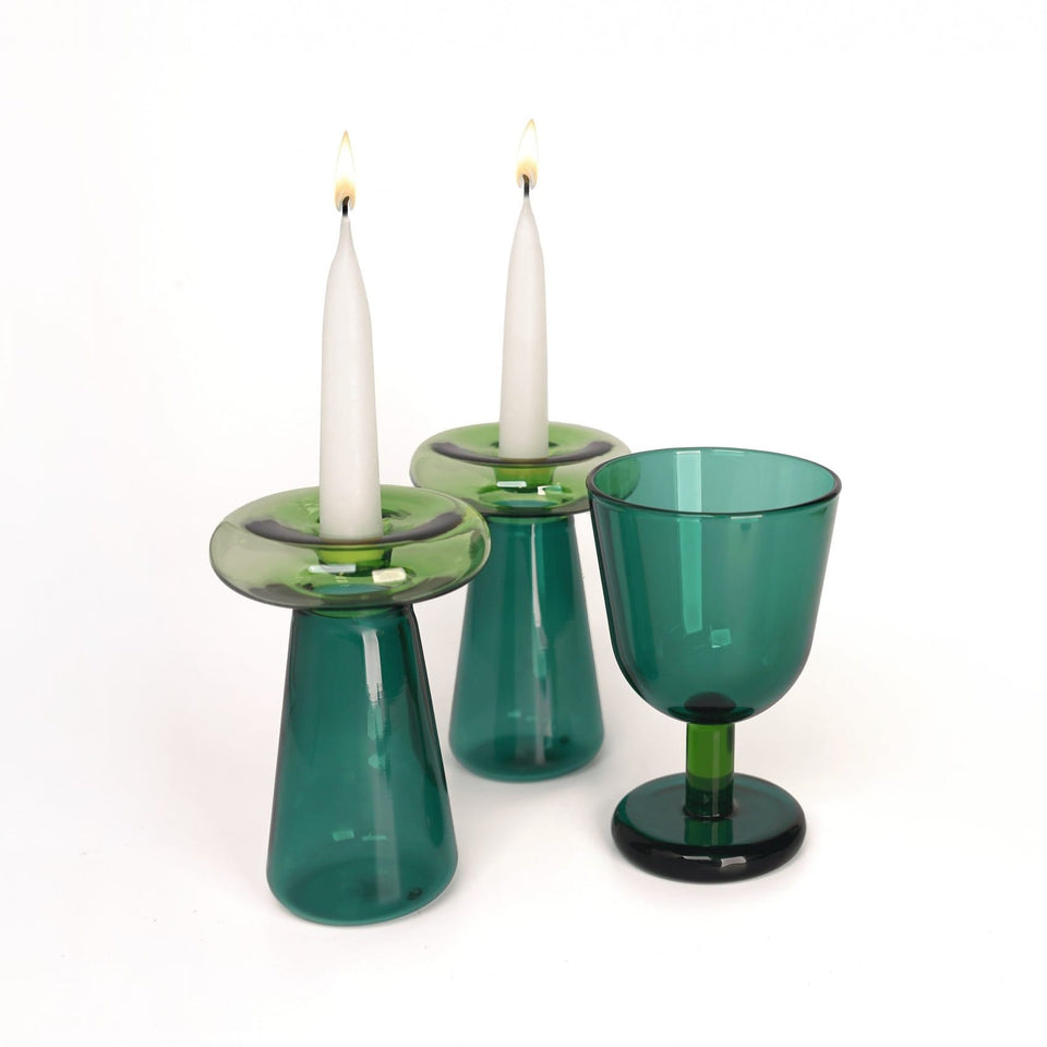 Tchotchke Judaica Candlesticks Emerald/Grass Glass Shabbat Set with Mushroom Candlesticks & Buttercup Kiddush Cup (Choice of Colors)