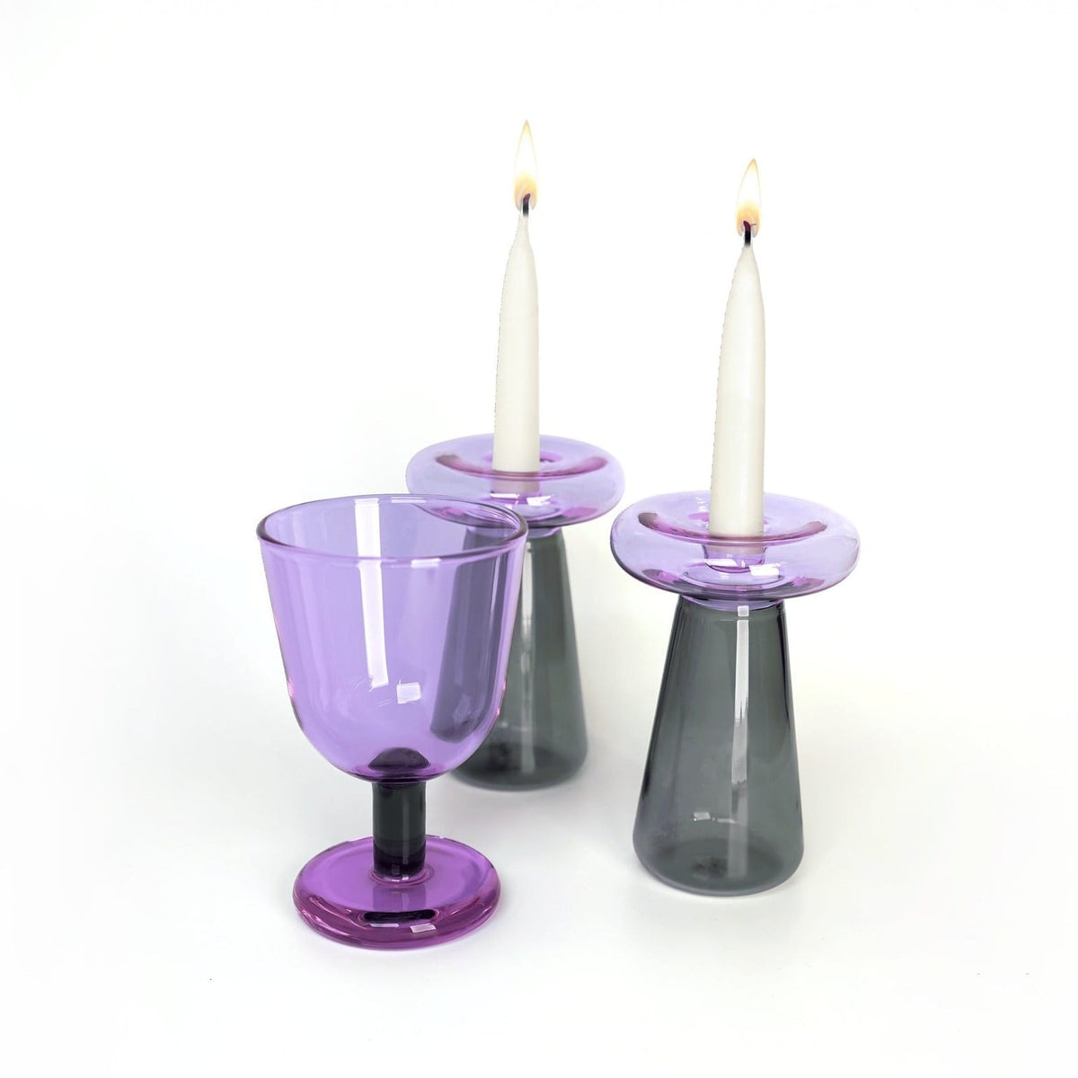 Tchotchke Judaica Candlesticks Purple/Smoke Glass Shabbat Set with Mushroom Candlesticks & Buttercup Kiddush Cup (Choice of Colors)