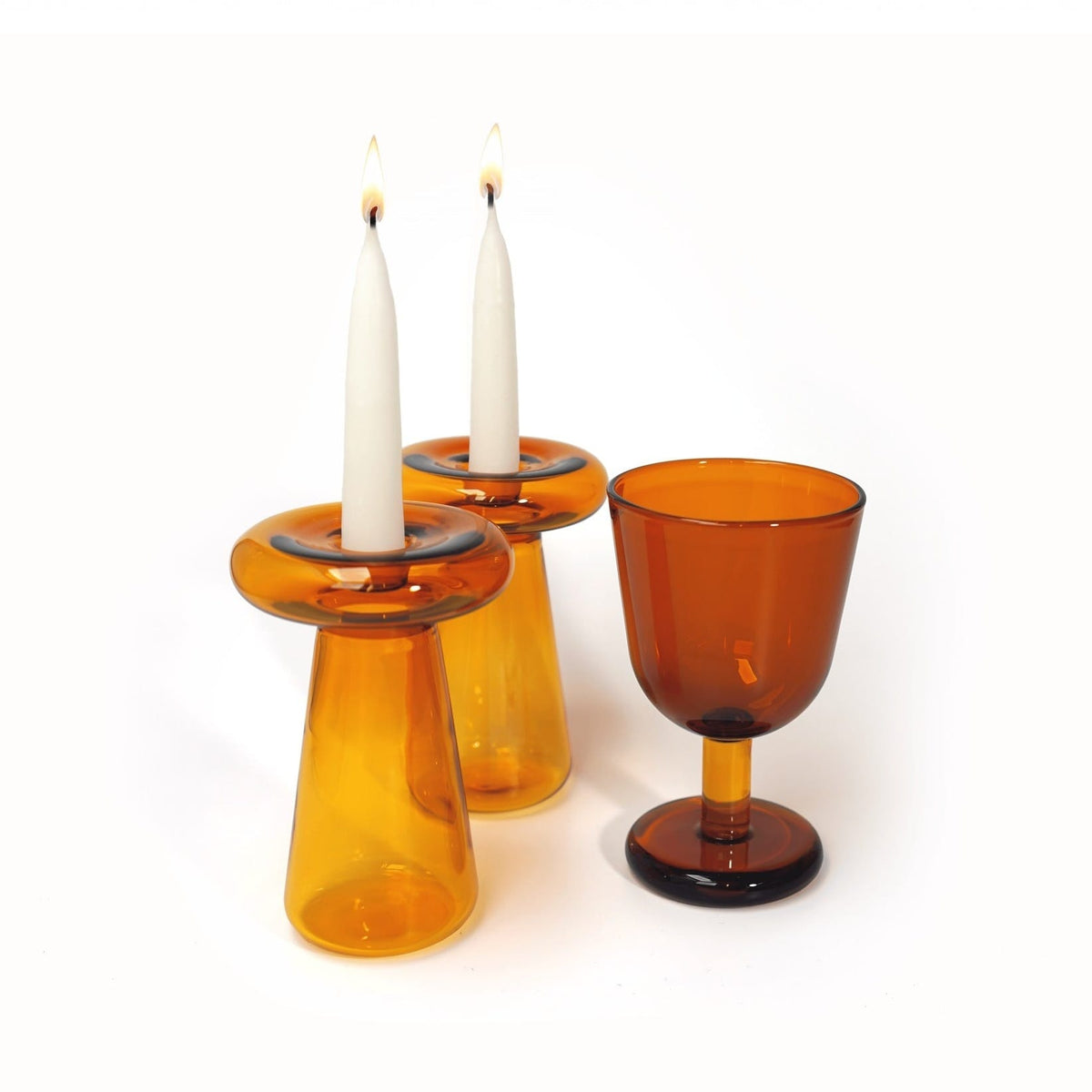 Tchotchke Judaica Candlesticks Amber/Yellow Glass Shabbat Set with Mushroom Candlesticks & Buttercup Kiddush Cup (Choice of Colors)