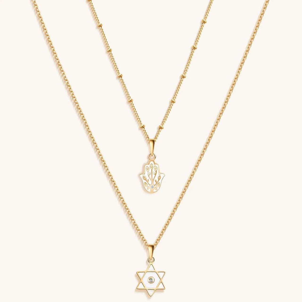 Karma and Luck Necklaces 18k Gold Hamsa and Star of David Double Chain Necklace