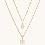 Karma and Luck Necklaces 18k Gold Hamsa and Star of David Double Chain Necklace