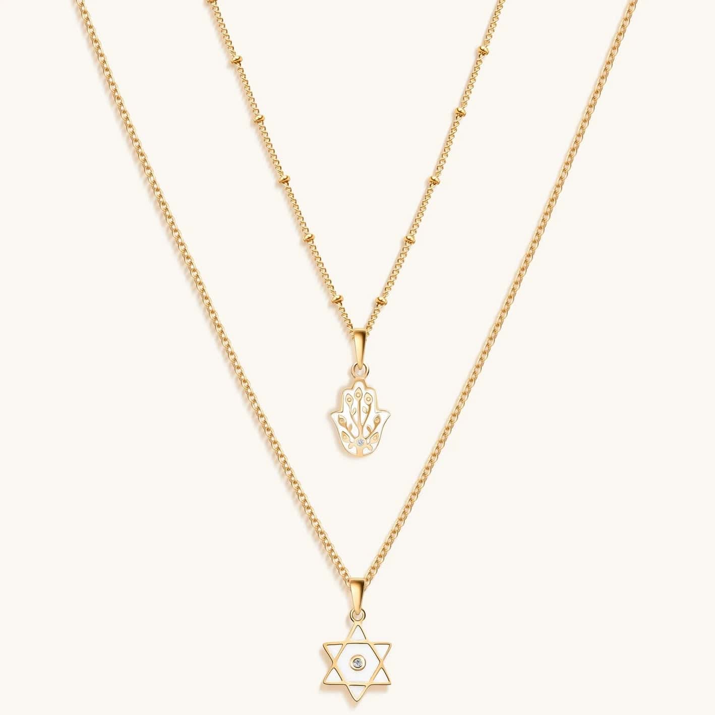 Karma and Luck Necklaces 18k Gold Hamsa and Star of David Double Chain Necklace