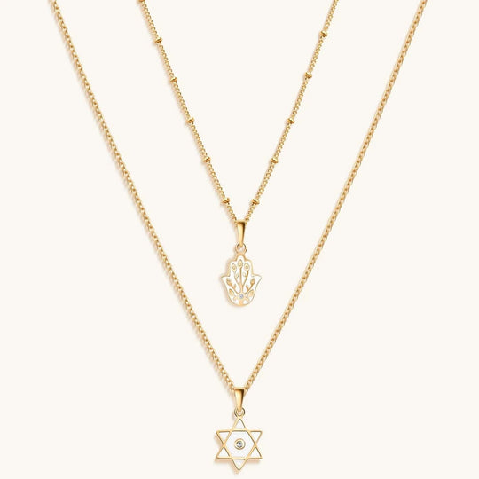 18k Gold Hamsa and Star of David Double Chain Necklace
