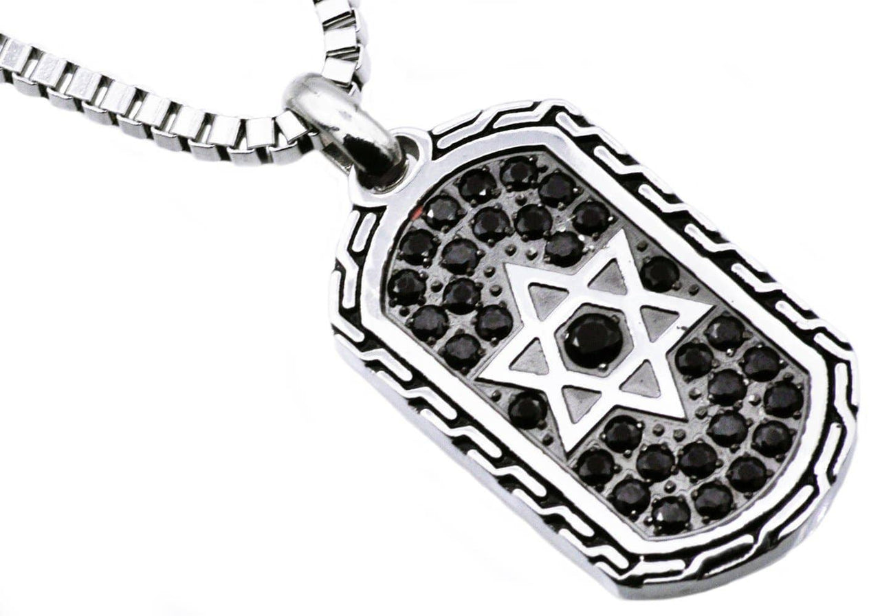 Blackjack Mens Jewelry - Men's Black CZ Stainless Steel Star of David Dog Tag Pendant - ModernTribe