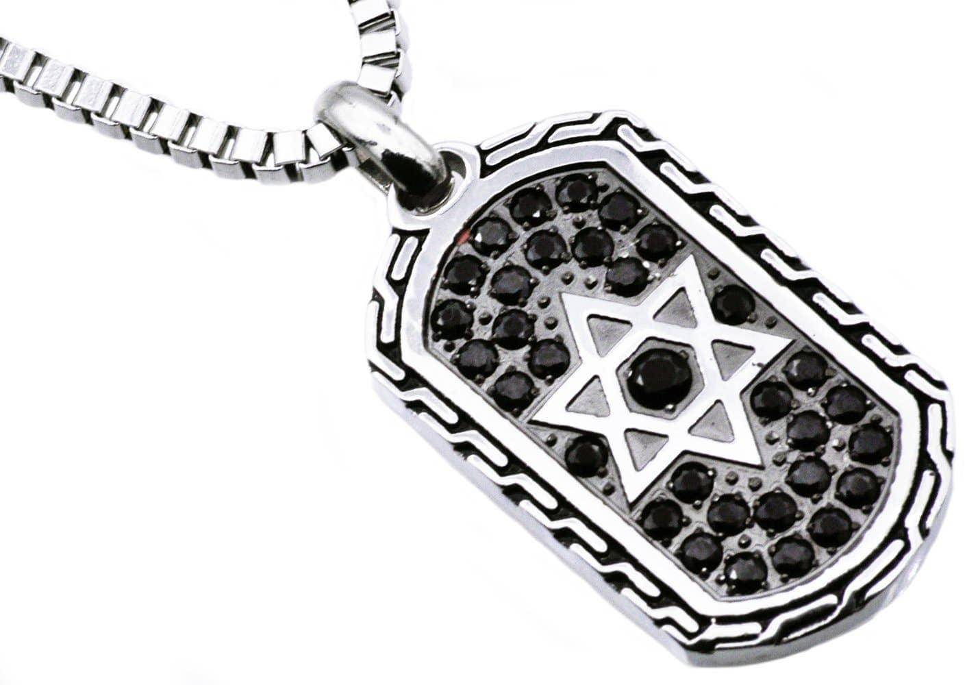 Blackjack Mens Jewelry Necklaces Men's Black CZ Stainless Steel Star of David Dog Tag Pendant
