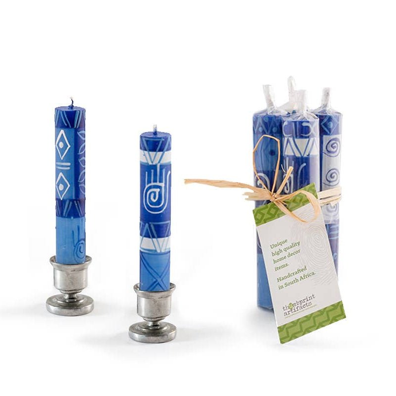 Thumbprint Artifacts - Hand - Painted Blue Hamsa Shabbat Candles - Pack of 4 - ModernTribe