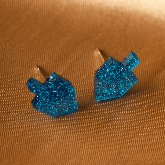 Dreidel Stud Earrings - Blue Glitter