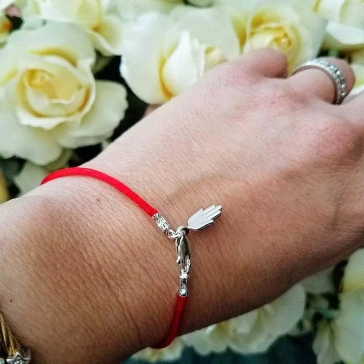 Alef Bet - Red Cord Bendel Bracelet with Gold or Silver Hamsa - ModernTribe