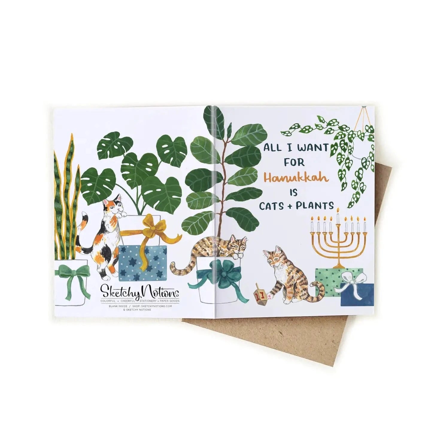 Sketchy Notions Cards Hanukkah Cats and Plants Watercolor Wrap Around Card - Set of 6