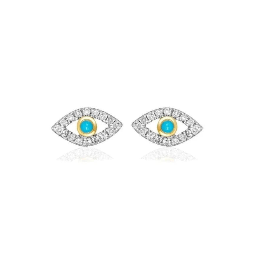 Alef Bet Earrings Gold 14k Gold Diamond and Turquoise Evil Eye Earrings