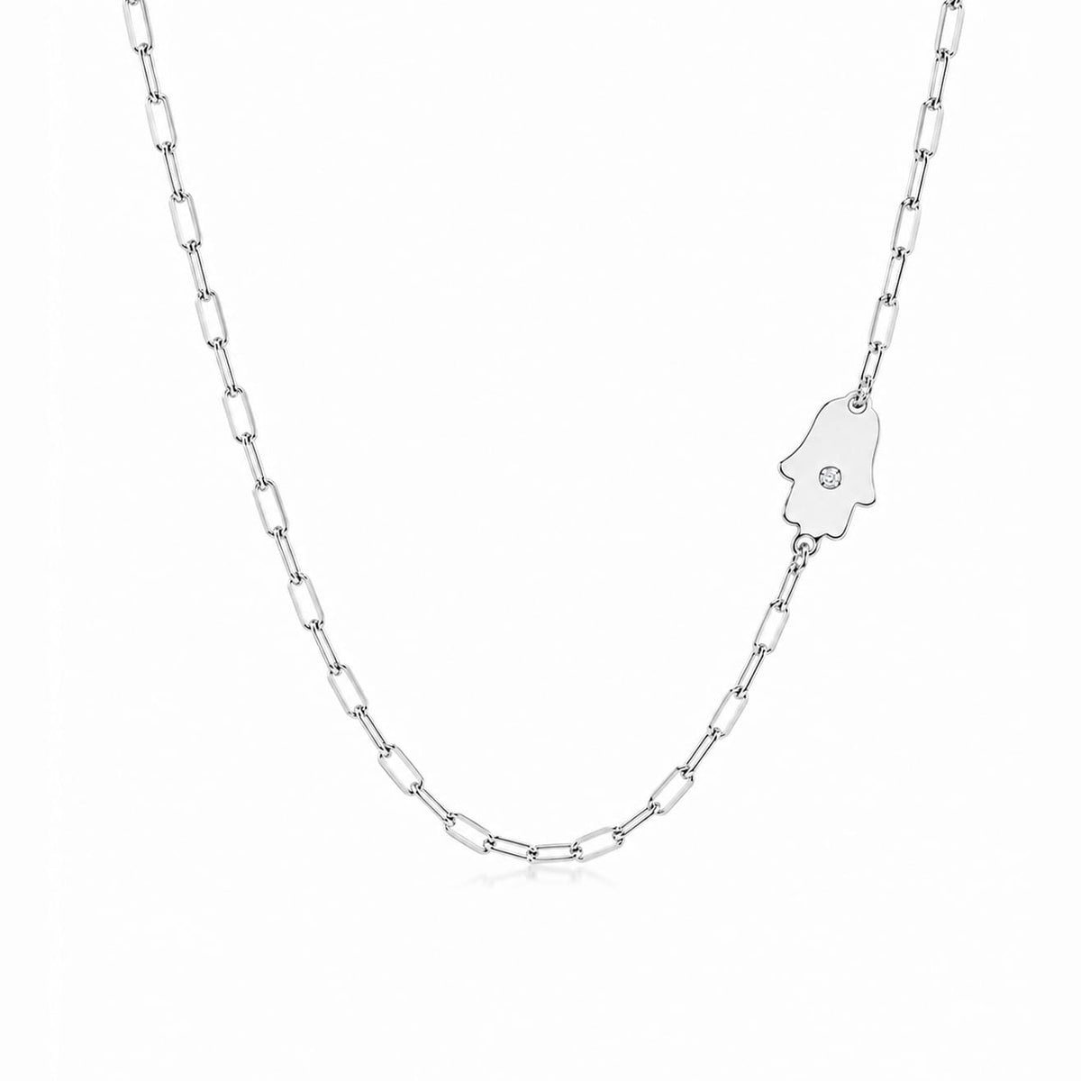 Miriam Merenfeld Jewelry Necklaces Sterling Silver Dani Hamsa Diamond Paperclip Necklace - (Sterling Silver, Gold-Plated, or Two-Tone)
