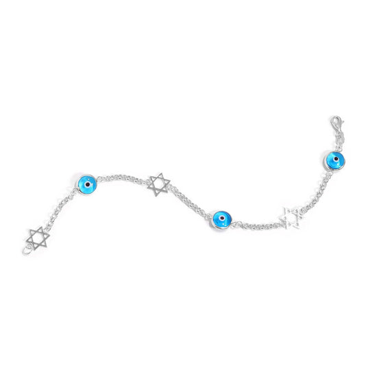 Blue Evil Eye and Star of David Bracelet - Sterling Silver