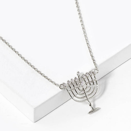 18k White Gold-Dipped Menorah Blessing Necklace