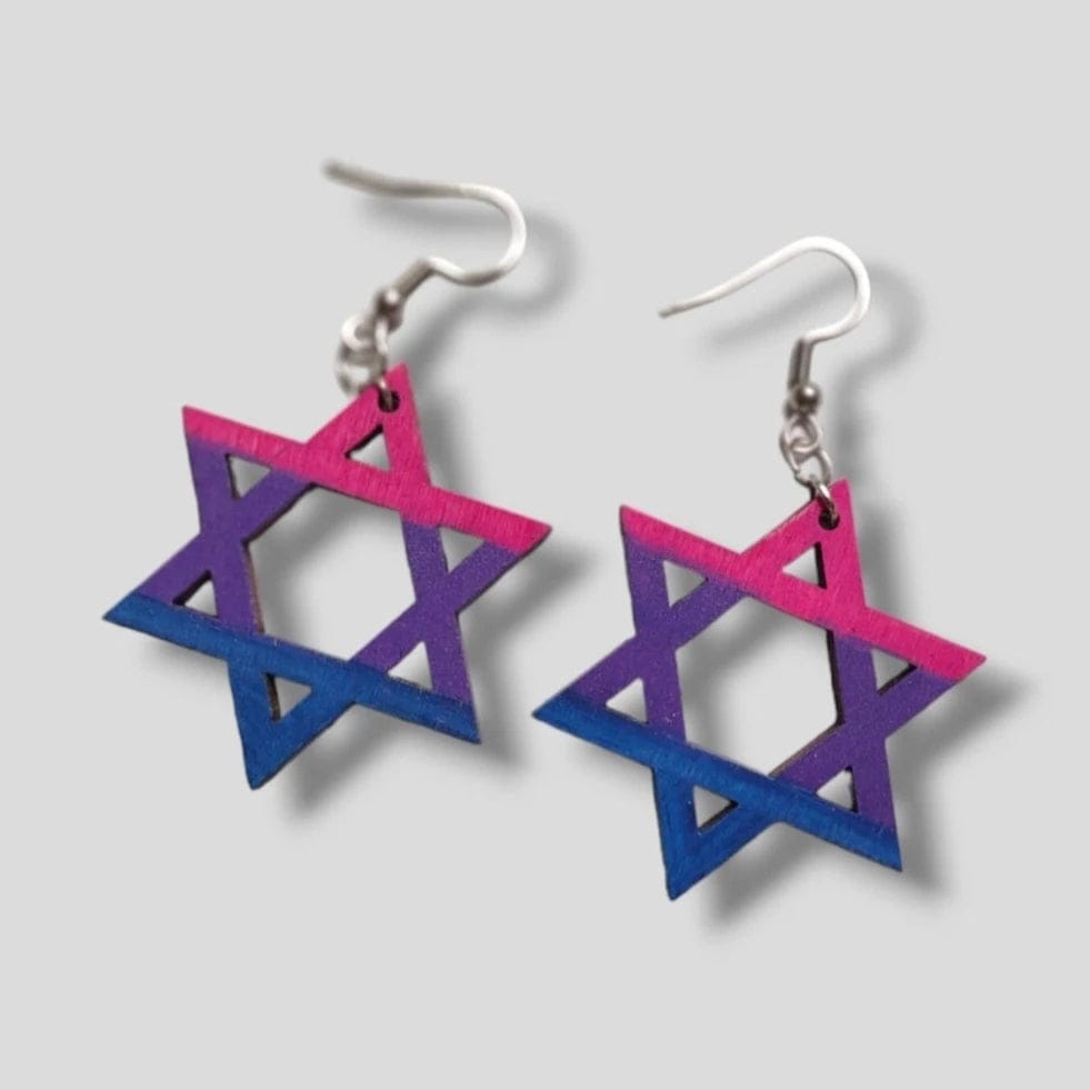 Eclectic Judaica Earrings Wooden Bisexual Flag Star of David Earrings