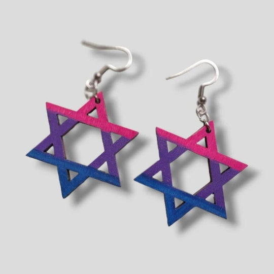 Wooden Bisexual Flag Star of David Earrings