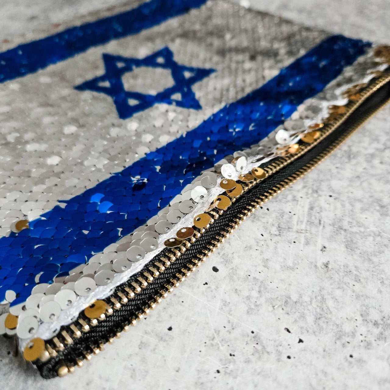Salt and Sparkle - Israeli Flag and Gold Sequin Flip Cosmetic Bag - ModernTribe