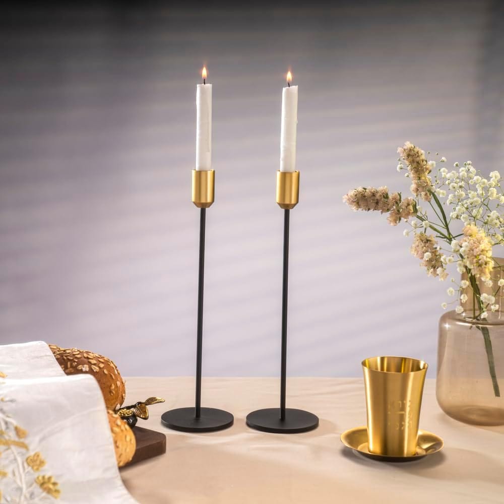 Yair Emanuel - Sleek Black and Gold Shabbat Candlesticks by Yair Emanuel - 11" Tall - ModernTribe