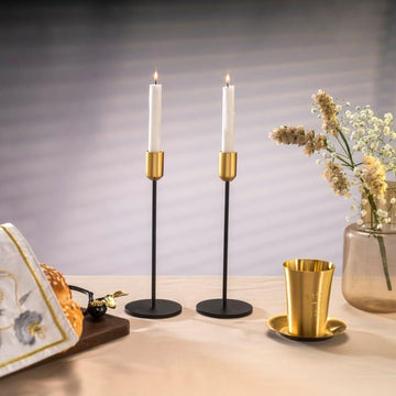 Yair Emanuel - Sleek Black and Gold Shabbat Candlesticks by Yair Emanuel - 9" Tall - ModernTribe
