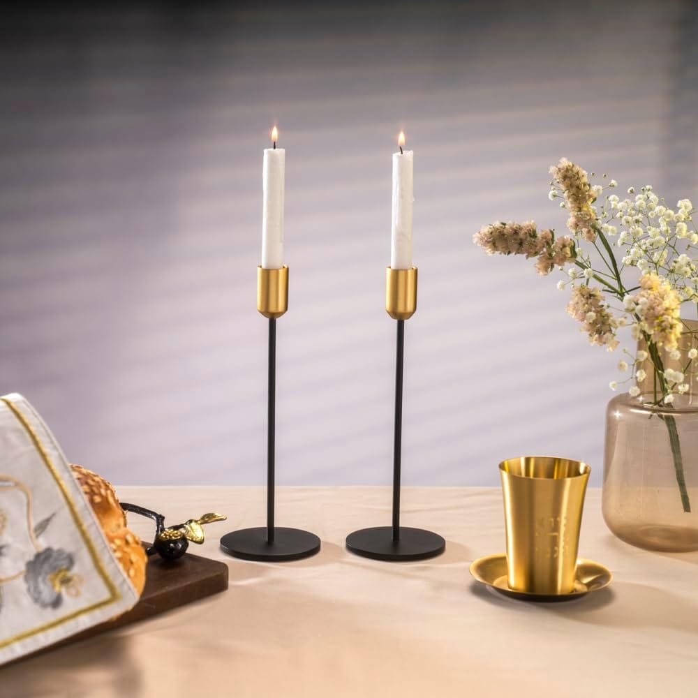 Yair Emanuel - Sleek Black and Gold Shabbat Candlesticks by Yair Emanuel - 9" Tall - ModernTribe