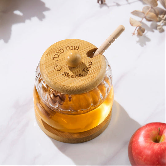 Glass Honey Jar with Wooden Lid, Stand and Dipper