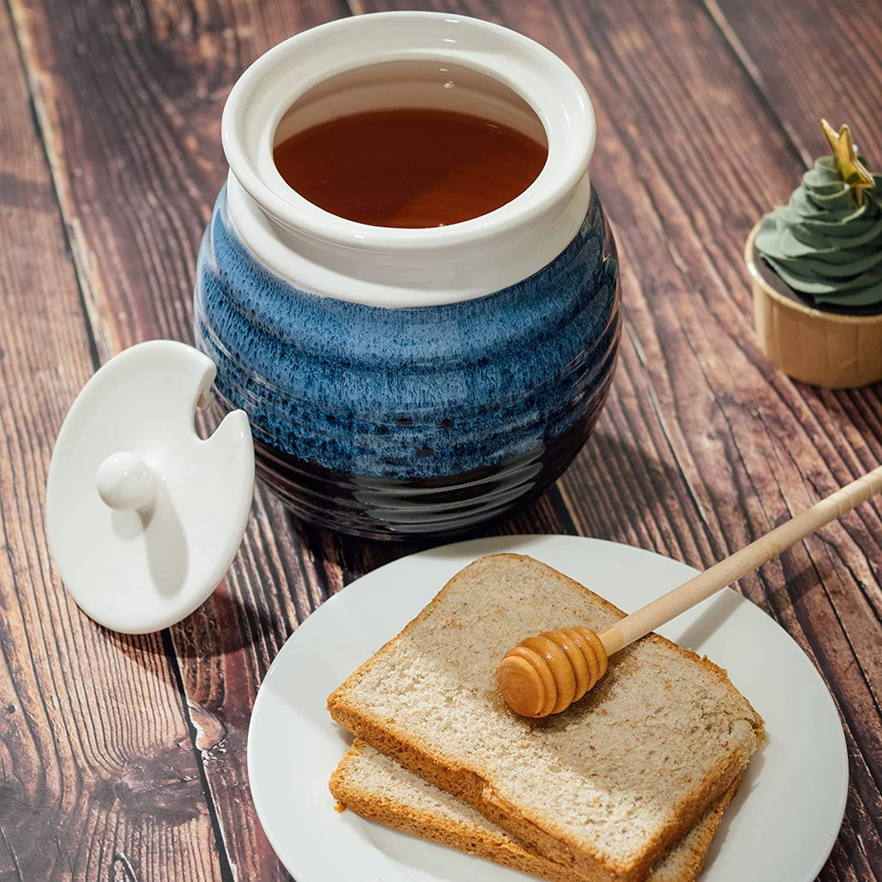 The Wine Savant / Khen Glassware - Lagoon Blue Honey Jar and Wooden Dipper - ModernTribe