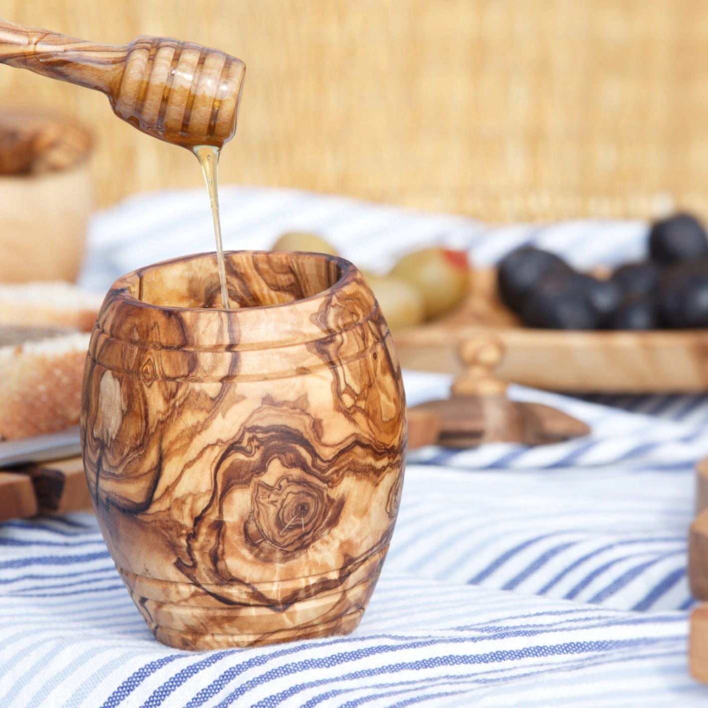 Kamsah Honey Dishes Shana Tova Olive Wood Honey Pot and Dipper