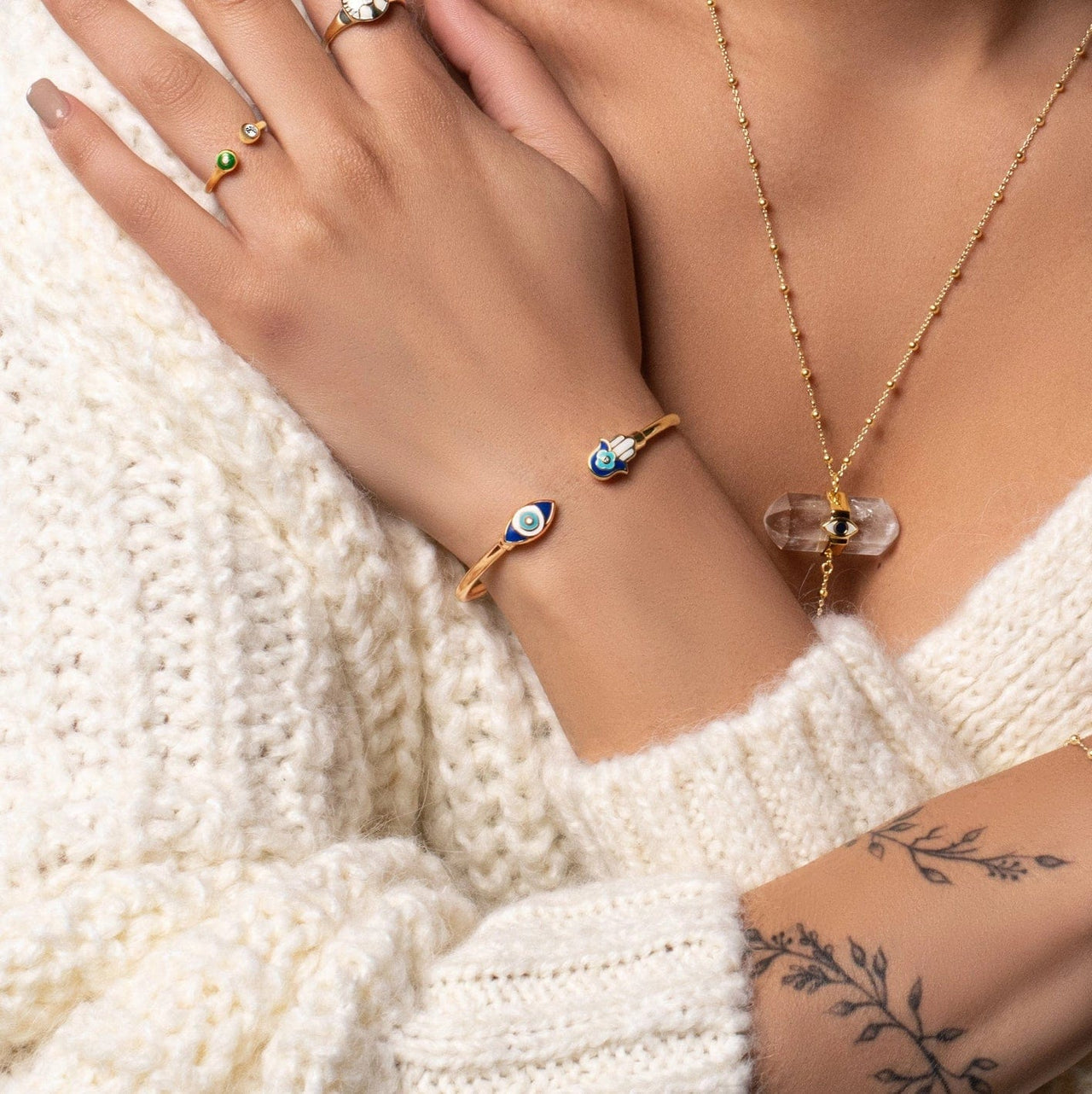 Karma and Luck - Positive Light Hamsa and Evil Eye Diamond Cuff - ModernTribe