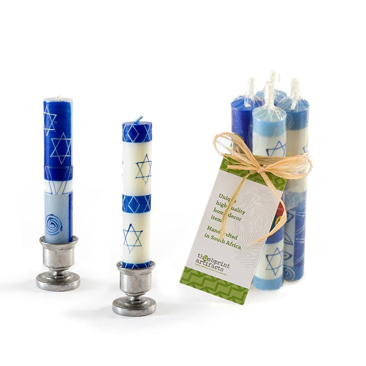 Thumbprint Artifacts Shabbat Candles Hand-Painted Blue Star of David Shabbat Candles - Pack of 4