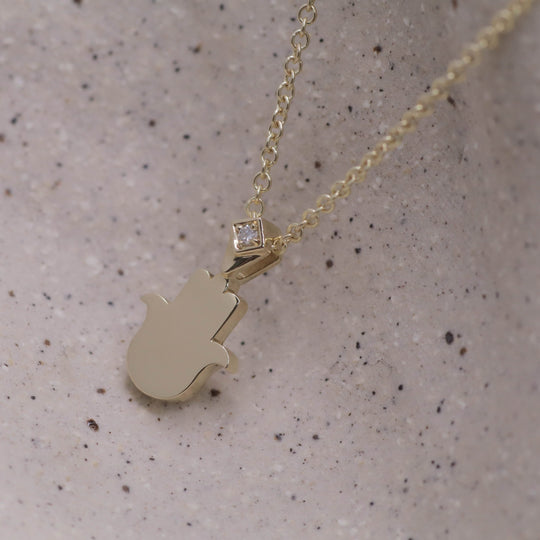 Solid Hamsa with Diamond Necklace - 14k Yellow, Rose or White Gold