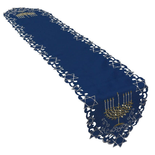 Blue Hanukkah Menorah Embroidered Table Runner