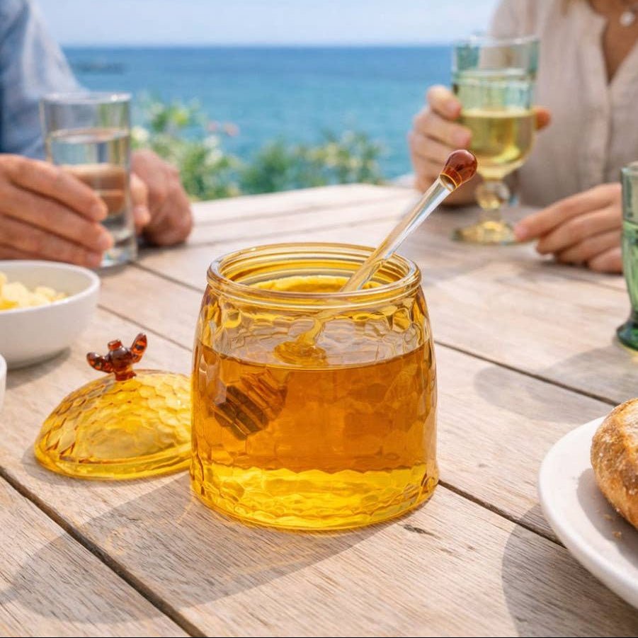 Aulica - Amber Glass Beehive Honey Pot and Dipper - ModernTribe