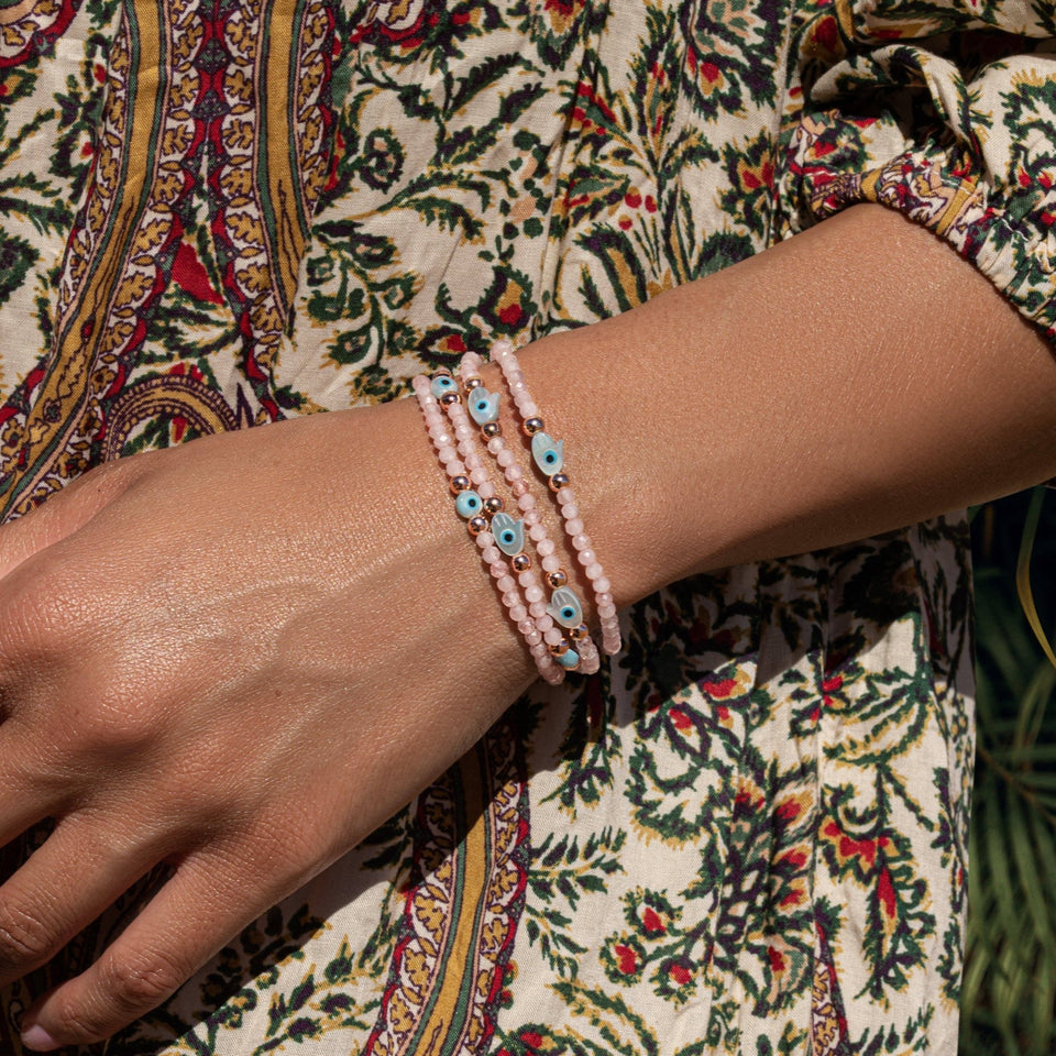 Karma and Luck - Vision of Love Rose Quartz Hamsa Evil Eye Bracelet - ModernTribe
