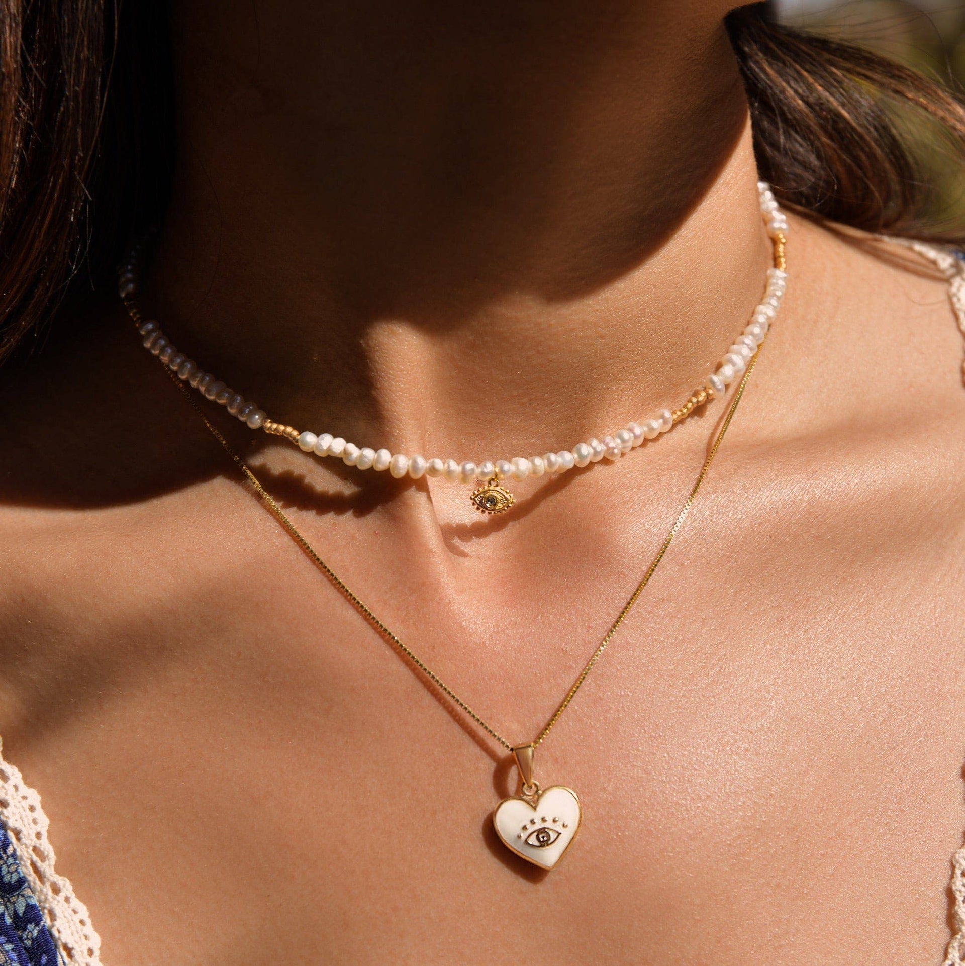 Karma and Luck Necklaces Evil Eye Diamond White Enamel Heart Necklace