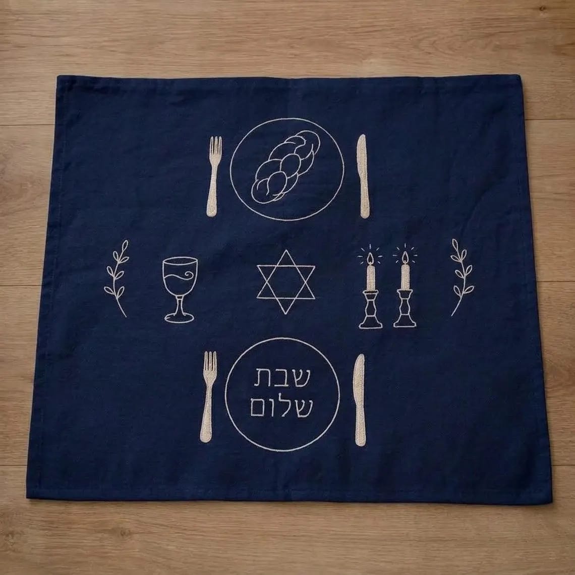 Three Generations Challah Covers Shabbat Table Hand Embroidered Navy Linen Challah Cover