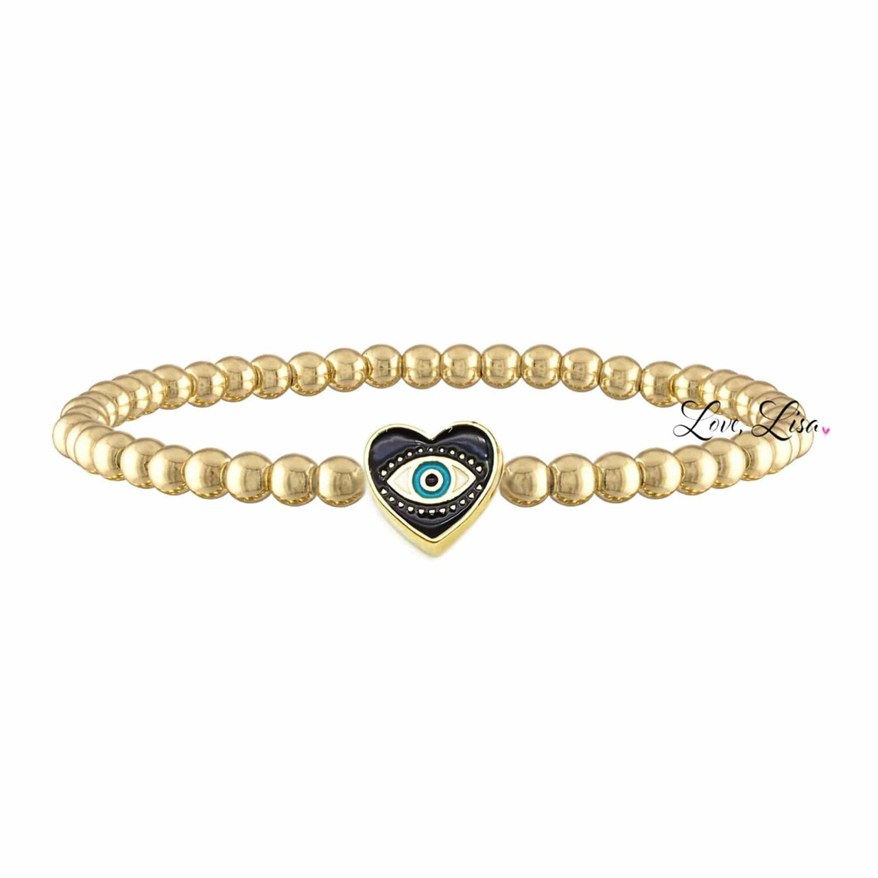 Love, Lisa Bracelets Sandi Enamel Heart Evil Eye Beaded Bracelet - Gold and Black