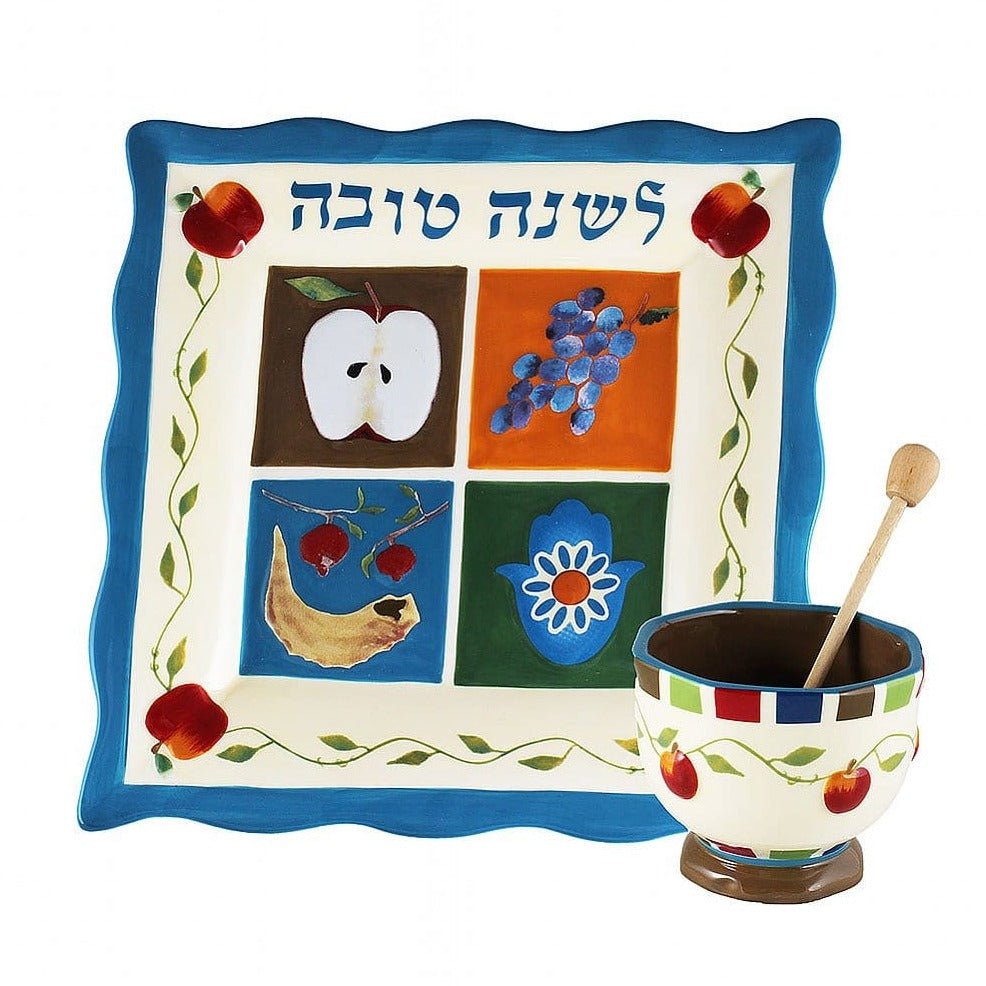 Aviv Judaica - Shana Tova Plate With Honey Bowl and Dipper - ModernTribe