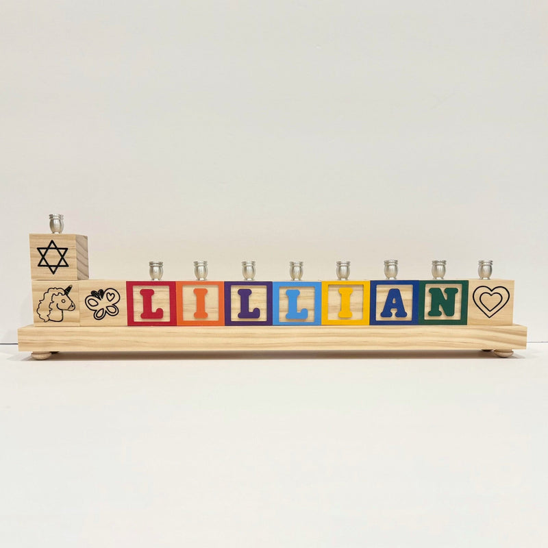 Don't Forget the Gift - Personalized Wooden Block Name Menorah - Primary or Pastel Colors - ModernTribe
