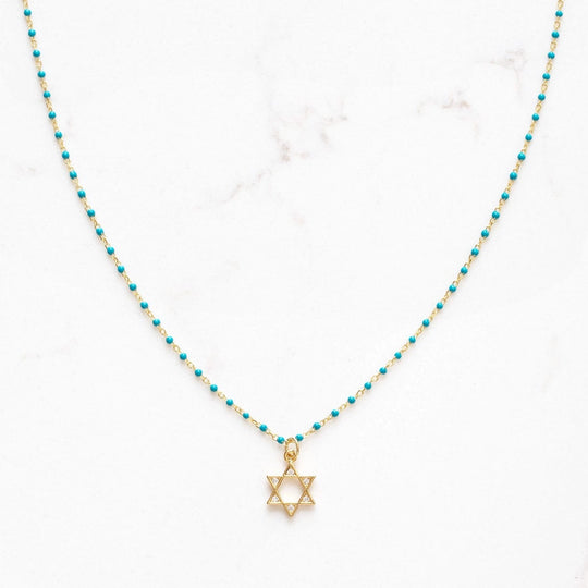 Star of David Turquoise Enamel Beaded Charm Necklace