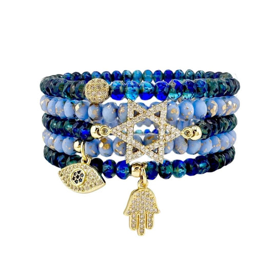 Harper Star of David Protection Stack of Crystal Bracelets - Shades of Blue