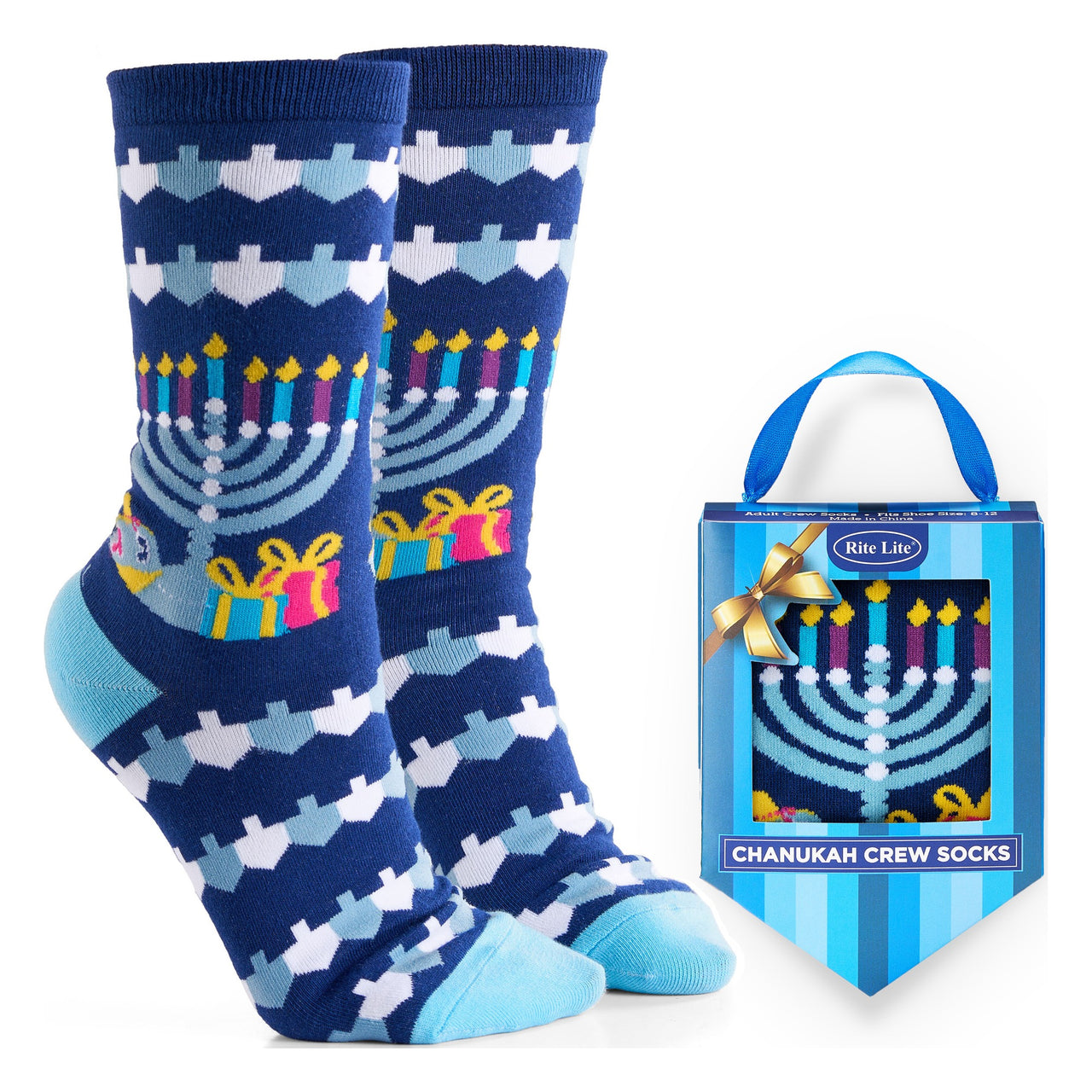 Ugly sweater Hanukkah crew socks shown beside their dreidel-shaped gift box