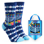 Ugly sweater Hanukkah crew socks shown beside their dreidel-shaped gift box